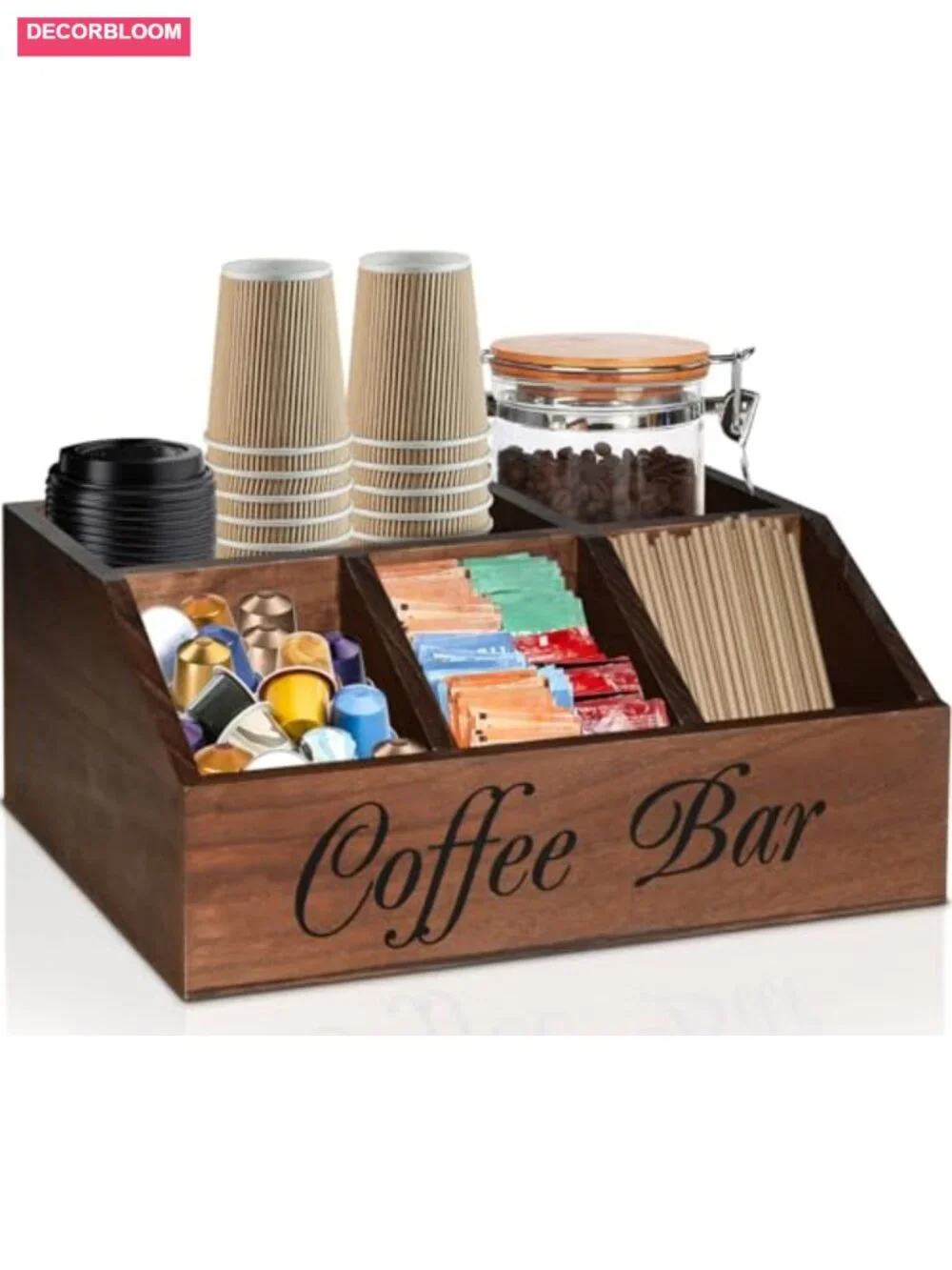 Coffee Station Organizer, Wood Countertop Storage Basket for Pods & Cups